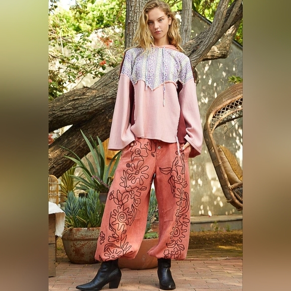 ⭐⭐ 327 POL Boho Patchwork Floral Sweatshirt Flare Sleeves Pink And Purple - Picture 7 of 11